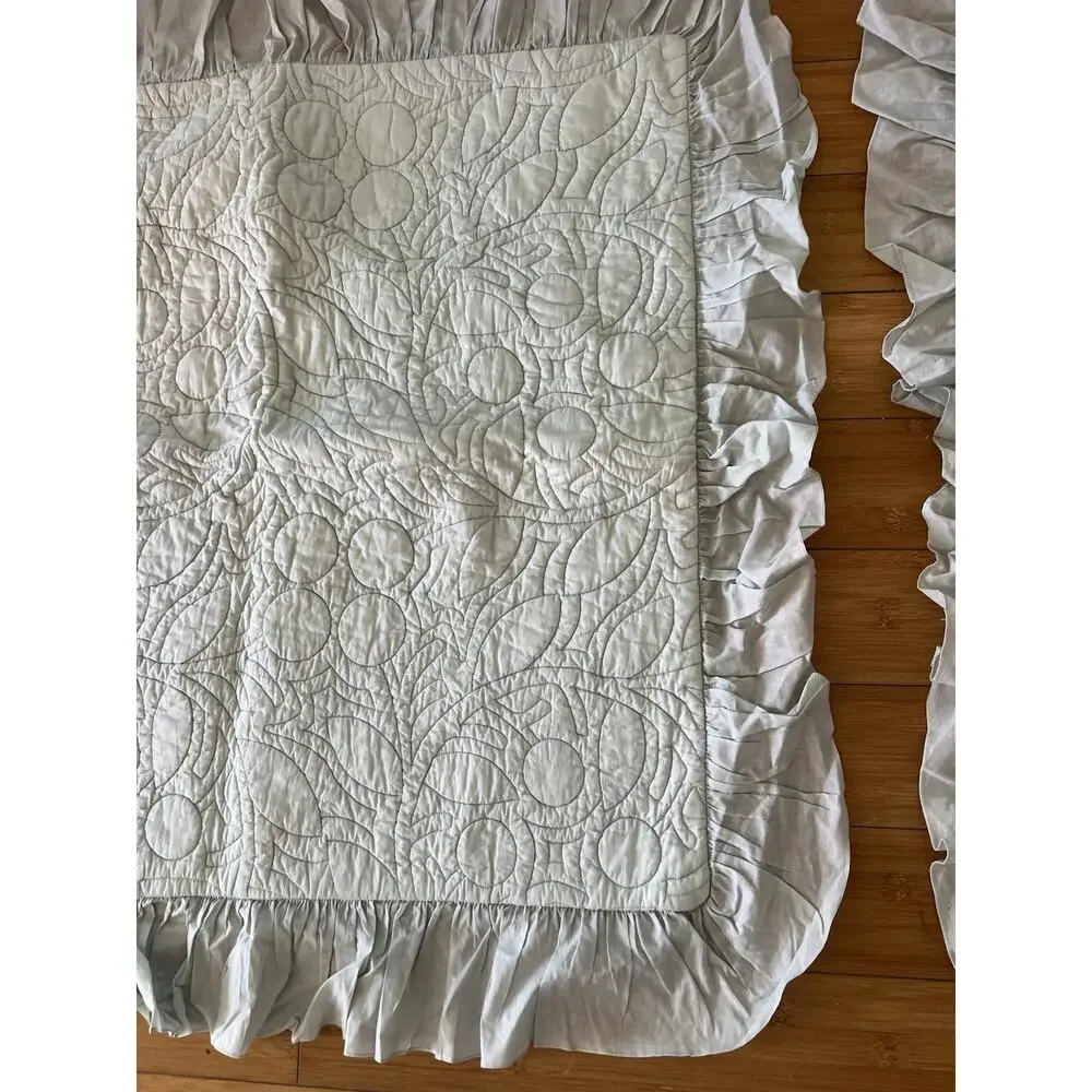 Pottery Barn Quilted Ruffled Pillow Shams Standard Seafoam Green Cotton A Pair